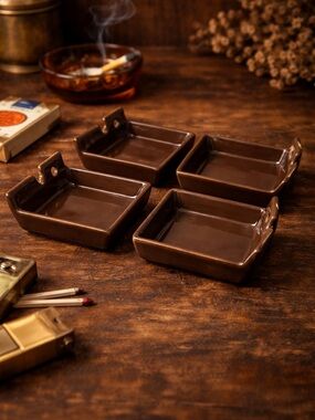 Mid Century Brown Ceramic Ashtray Set of 4 Retro Smoking Tray Decor